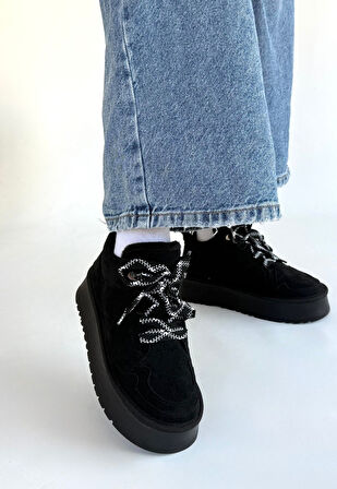 Muden Siyah Süet Bağcıklı Bot Kışın Modası - Lisinya