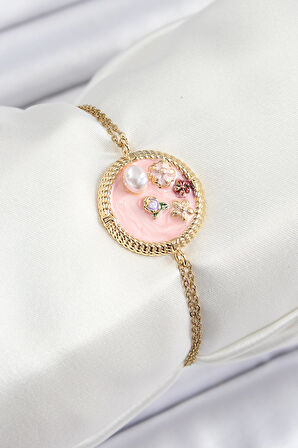 316L Çelik Zincir Pembe Mineli Sanatsal Portre İnci Detaylı Çiçek Model Gold Renk Kadın Bileklik - Lisinya