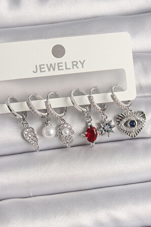 Pirinç Gümüş Renk Sallantı Zirkon Taşlı Fatma Ana El Figür Kadın Küpe Seti - Lisinya