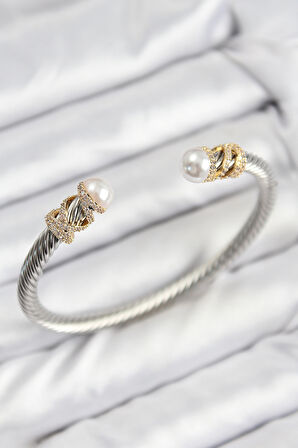 316L Çelik Zirkon Taşlı İnci Model Gold Ve Gümüş Renk Kadın Bileklik - Lisinya