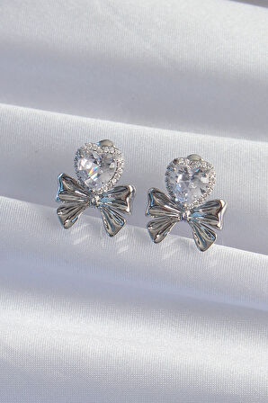 Pirinç Gümüş Renk Zirkon Taşlı Kalp Model Fiyonk Küpe - Lisinya