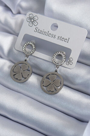 316L Çelik Gümüş Renk Zirkon Taşlı Yonca Model İşleme Detay Kadın Küpe - Lisinya