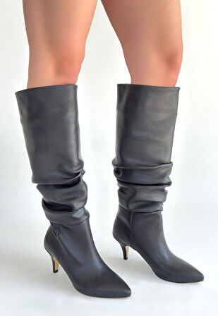 Zelya Siyah Cilt Topuklu Çizme İnce Topuklu- Lisinya