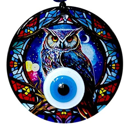 Baykuşlu Gece Desenli 12 Santimetre Füzyon Cam Duvar Süsü