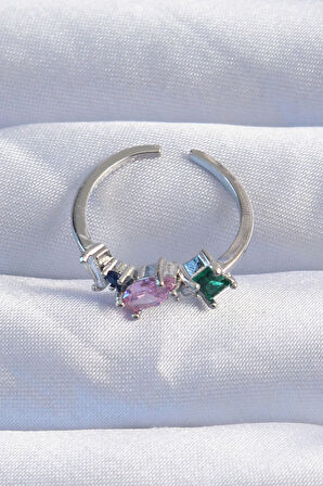 Pirinç Gümüş Renk Renkli Zirkon Taşlı Ayarlanabilir Yüzük - Lisinya