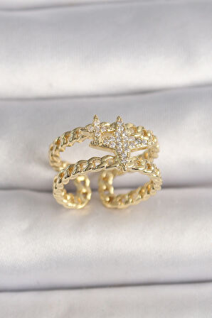 Pirinç Gold Renk 2'Li Zincir Zirkon Taşlı Yıldız Figür Kadın Yüzük - Lisinya