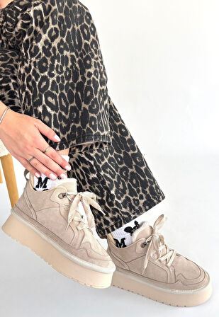 Muden Bej Süet Bağcıklı Bot Kışın Modas- Lisinya