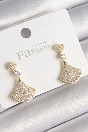 Pirinç Gold Renk Zirkon Taşlı Motif Model Kadın Küpe - Lisinya
