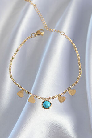 316L Çelik Gold Renk Minimal Kalpli Mavi Taş Detaylı Bileklik - Lisinya