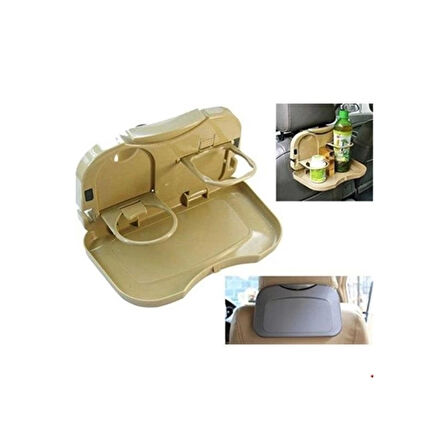 Araç İçi Koltuk Arkası Katlanabilir Bardak Tutuculu Bej Tepsi ( Lisinya )