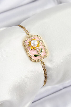 316L Çelik Zincir Pembe Mineli Sanatsal Portre İnci Detaylı Papatya Model Gold Renk Kadın Bileklik - Lisinya