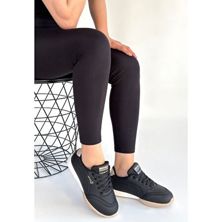 Tawen Siyah Cilt Bej Tabanlı Bağcıklı Spor Ayakkabı - Lisinya