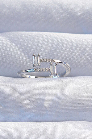 Pirinç Gümüş Renk Zirkon Taşlı Geometrik Ayarlanabilir Yüzük - Lisinya