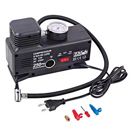 220 Volt-12 Volt 250 Psi Psi Kompresör Lastik Hava Şişirme Oto Pompası Fişli Çakmaklıklı ( Lisinya )