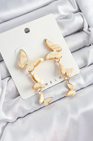 Pirinç Sedef Sallantılı Mermer Desenli Kelebek Model Gold Renk Vintage Kadın Küpe - Lisinya