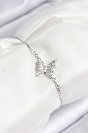 Pirinç Zirkon Taşlı Kelebek Model Gümüş Renk Asansörlü Kadın Bileklik - Lisinya