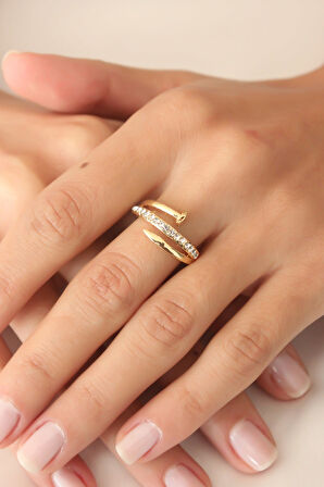 Gold Renk Taşlı Çivi Ayarlanabilir Kadın Yüzük - Lisinya