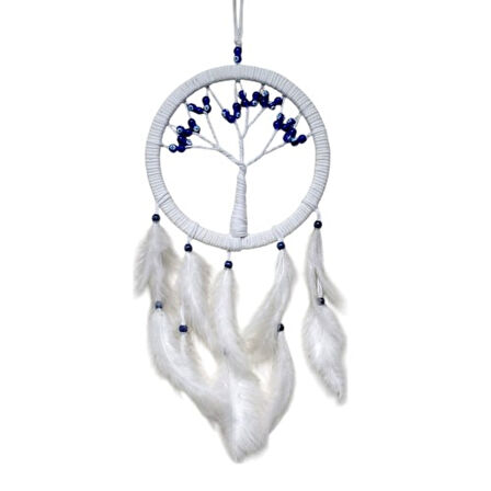 Beyaz Kuş Tüylü Cam Nazar Boncuklu Hayat Ağacı Duvar Dekoru