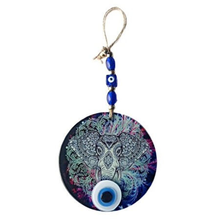 Fil Figürlü Nazar Boncuklu Füzyon Cam Duvar Süsü