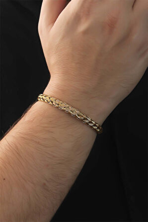 316L Çelik Altın Renk Kalın Yassı Örgü Model Erkek Bileklik - Lisinya