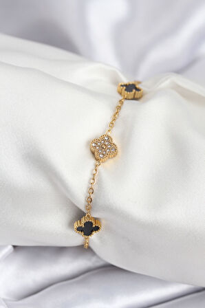 316L Çelik Gold Renk Siyah ve Zirkon Taşlı Baby Boy Yonca Kadın Bileklik - Lisinya