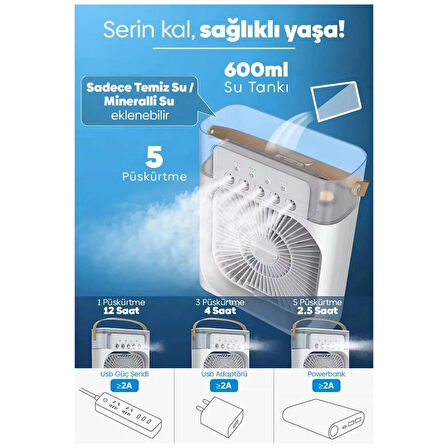 Taşınabilir Işıklı 5 Spreyli Vantilatör Buzlu Buharlı Vantilatör Mini Fan Nemlendirici ( Lisinya )