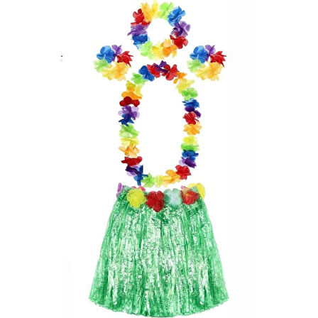 Yetişkin ve Çocuk Uyumlu Luau Aloha Hawaii Yeşil Etek ve Renkli Kolye Taç 2 Adet Bileklik Seti