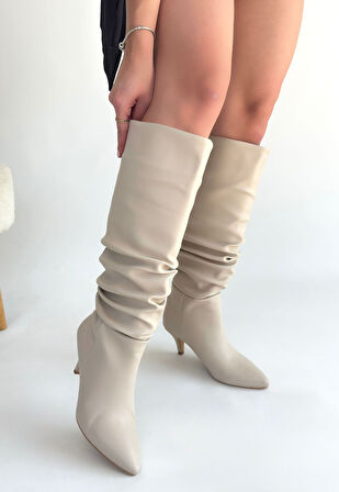 Zelya Bej Cilt Topuklu Çizme  Trend- Lisinya