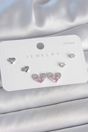 Pirinç Gümüş Renk Pembe Zirkon Taşlı Kalp Model 925 Ayar Gümüş Çivi Kadın Küpe Seti - Lisinya