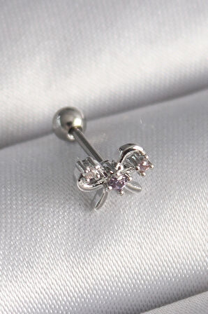 316L Çelik Gümüş Renk Zirkon Taşlı Kurdele Tragus Piercing - Lisinya