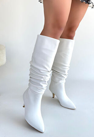 Zelya Beyaz Cilt Topuklu Çizme  Trend- Lisinya