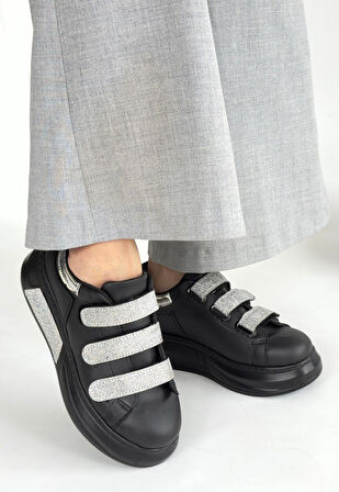 Elika Siyah Cilt Simli Cırt Cırtlı Spor Ayakkabı - Lisinya