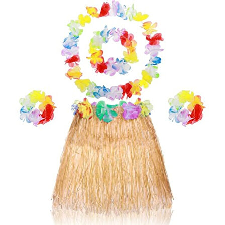 Yetişkin Çocuk Hawaii Parti Seti - 40 cm Naturel Etek + Çiçek Aksesuarlar (5 Parça)