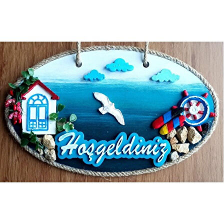 Sahil Kasabası Hoşgeldiniz Yazılı El Yapımı Kapı Süsü