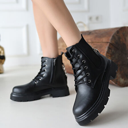 Harte Siyah Cilt Bağcıklı Bot - Lisinya