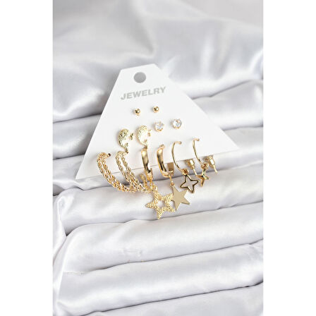 Gold Renk Yıldızlı Set 6 Çift Kadın Küpe Seti - Lisinya