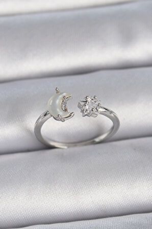 Pirinç Gümüş Renk İncili Hilal Zirkon Taşlı Yıldız Ayarlanabilir Kadın Yüzük - Lisinya