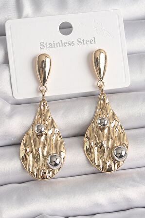 Pirinç Gold Renk Sallantı Damla Model Gümüş Top Detay Kadın Küpe - Lisinya