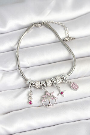 Pirinç Gümüş Renk Yaşam Ağacı Charmlı Kadın Bileklik - Lisinya