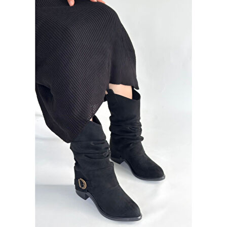 Canty Siyah Süet Körüklü Topuklu Çizme - Lisinya