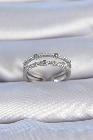 Pirinç Gümüş Renk Zirkon Taşlı İnci Detay Kadın Yüzük - Lisinya