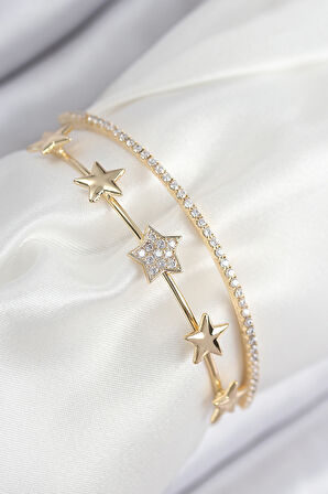 Pirinç Zirkon Taşlı Yıldız Model Gold Renk Kadın Bileklik - Lisinya