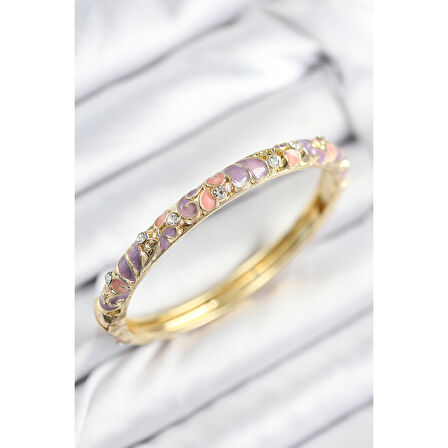 Mineli Pirinç Zirkon Taşlı Pembe Mor Çiçek Motifli Gold Kadın Kelepçe - Lisinya