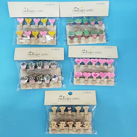 Şekilli Renkli Ahşap Mandal Seti (10'lu Paket)