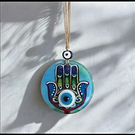 Fatma Ana Eli Desenli Nazar Boncuklu Duvar Süsü 10 Cm Cam Duvar Dekoru