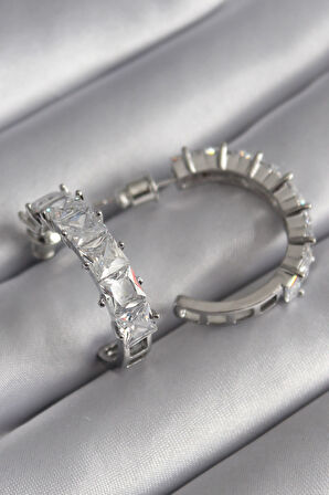 Pirinç Gümüş Renk Zirkon Taşlı Halka Model Kadın Küpe - Lisinya