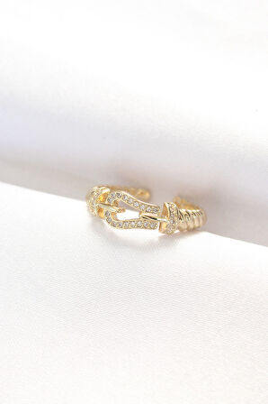 Kemer Tokası Tasarımlı Gold Renk Zirkon Taşlı Ayarlanabilir Yüzük - Lisinya