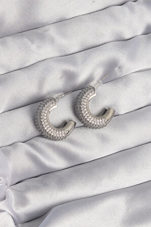 Pirinç Gümüş Renk Zirkon Taşlı Yarım Halka Küpe - Lisinya