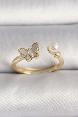 Pirinç Gold Renk Zirkon Taş Detaylı Beyaz Mineli Kelebek Model İnci Detay Ayarlanabilir Yüzük - Lisinya