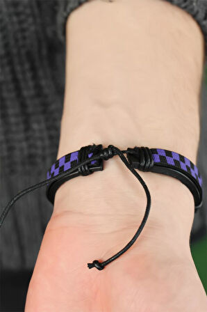 Mor Renk Damalı Deri Erkek Bileklik - Lisinya